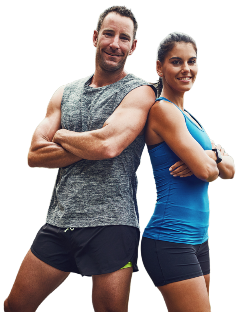 Professional and experienced trainer woman and man back to back